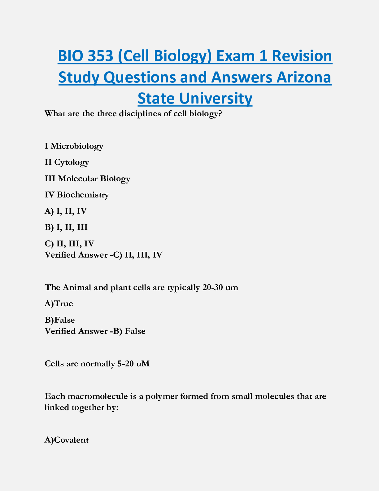 BIO 353 (Cell Biology) Exam 1 Revision  Study Questions and Answers Arizona  State University