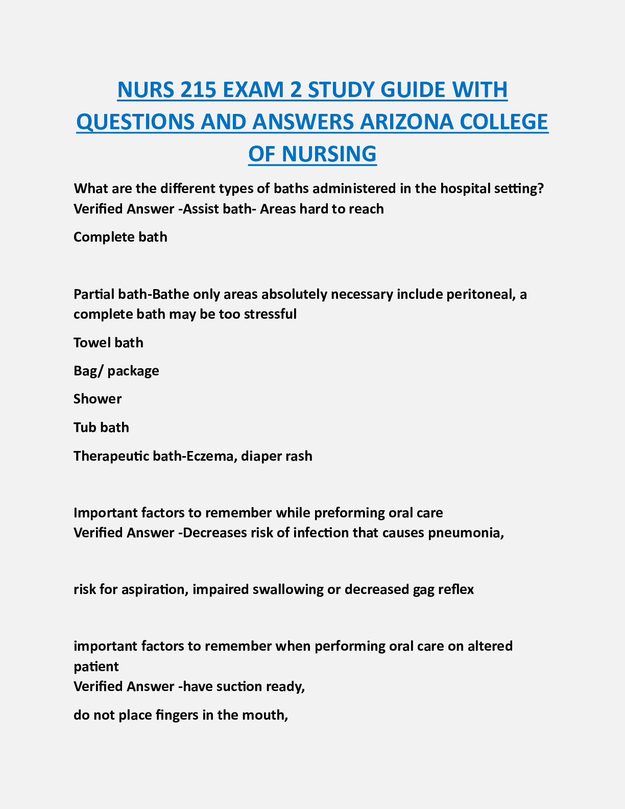 NURS 215 EXAM 2 STUDY GUIDE WITH  QUESTIONS AND ANSWERS ARIZONA COLLEGE  OF NURSING