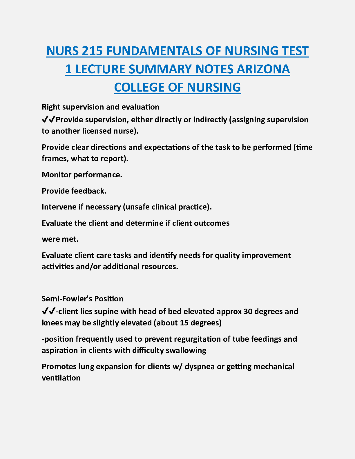 NURS 215 FUNDAMENTALS OF NURSING TEST  1 LECTURE SUMMARY NOTES ARIZONA  COLLEGE OF NURSING
