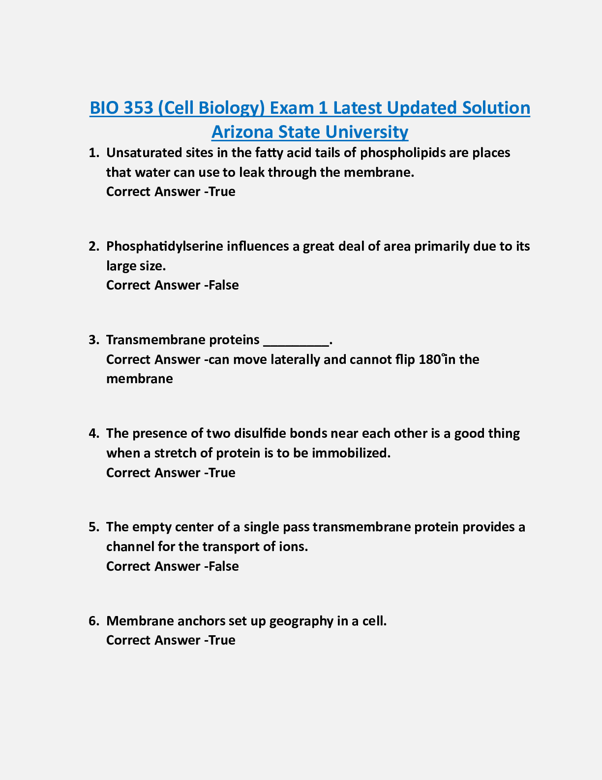 BIO 353 (Cell Biology) Exam 1 Latest Updated Solution  Arizona State University