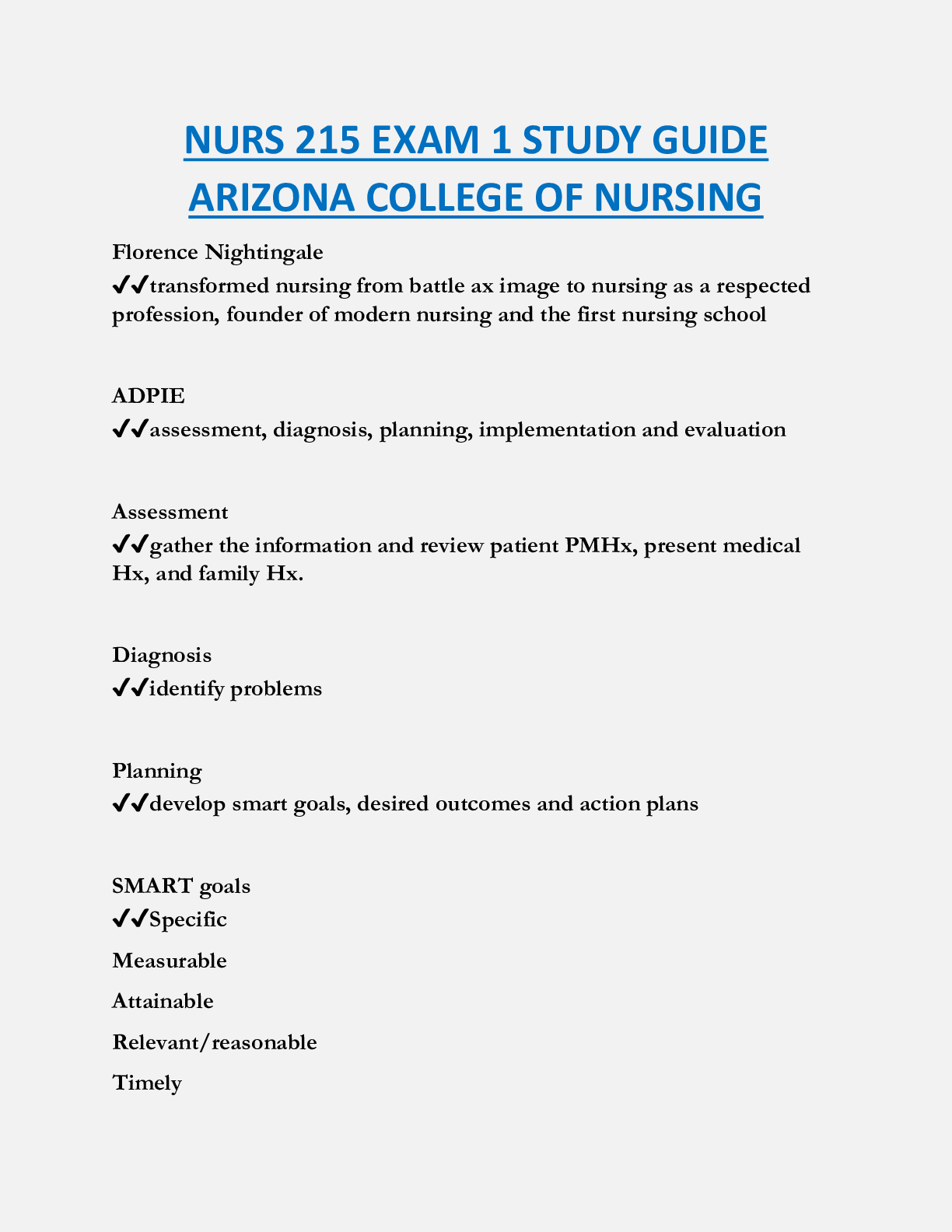 NURS 215 EXAM 1 STUDY GUIDE  ARIZONA COLLEGE OF NURSING