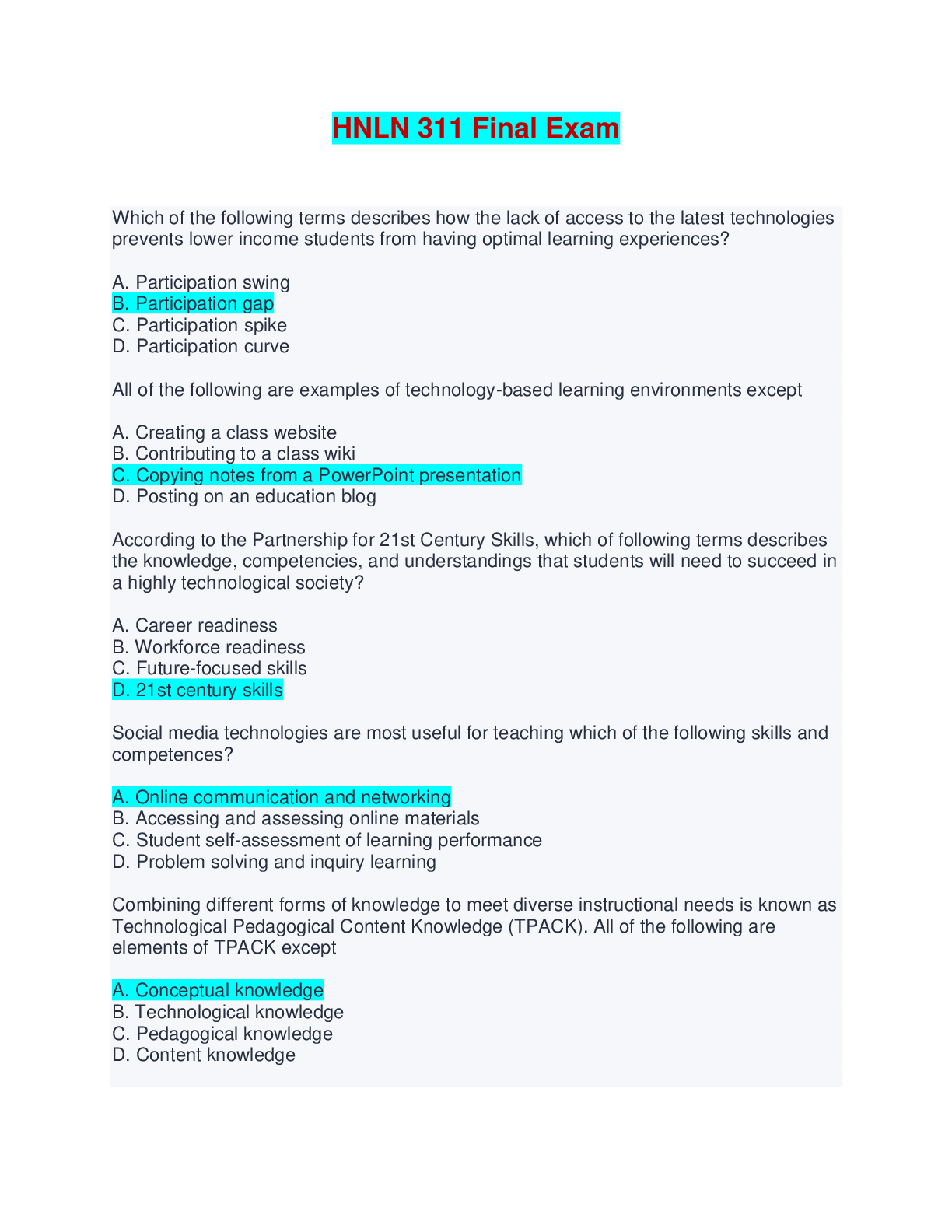 HNLN 311 Final Exam | Verified with 100% Correct Answers