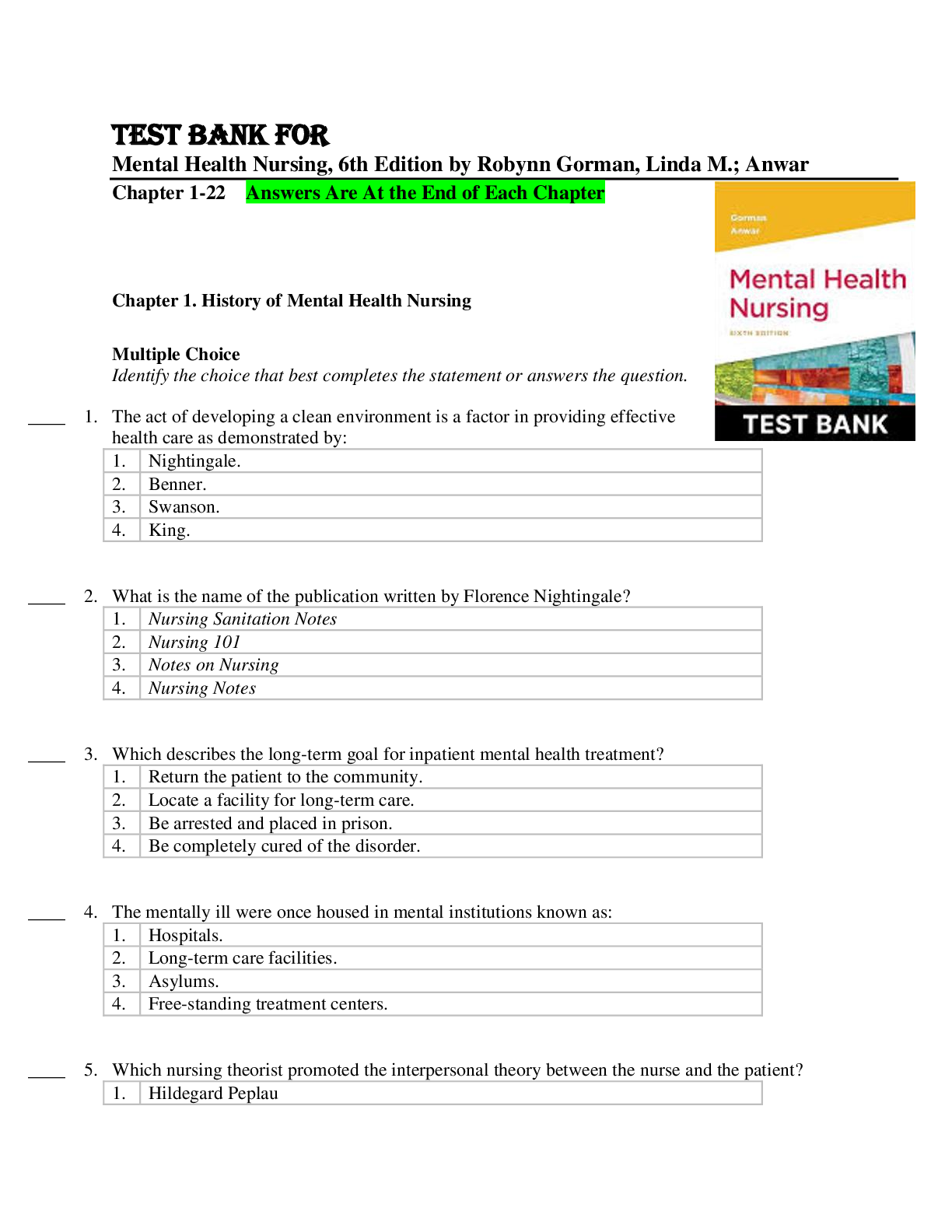 Preview of Test Bank For Mental Health Nursing, 6th Edition by Robynn Gorman, Linda M.; Anwar