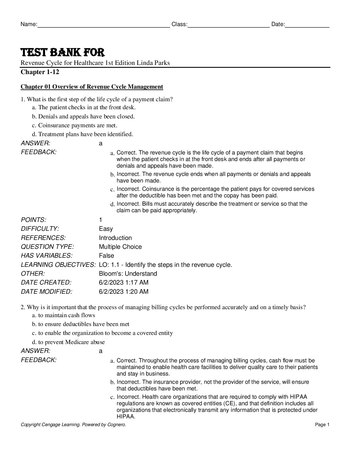 Recommended document preview for Test Bank For Revenue Cycle for Healthcare 1st Edition by Linda Parks Chapter 1-12