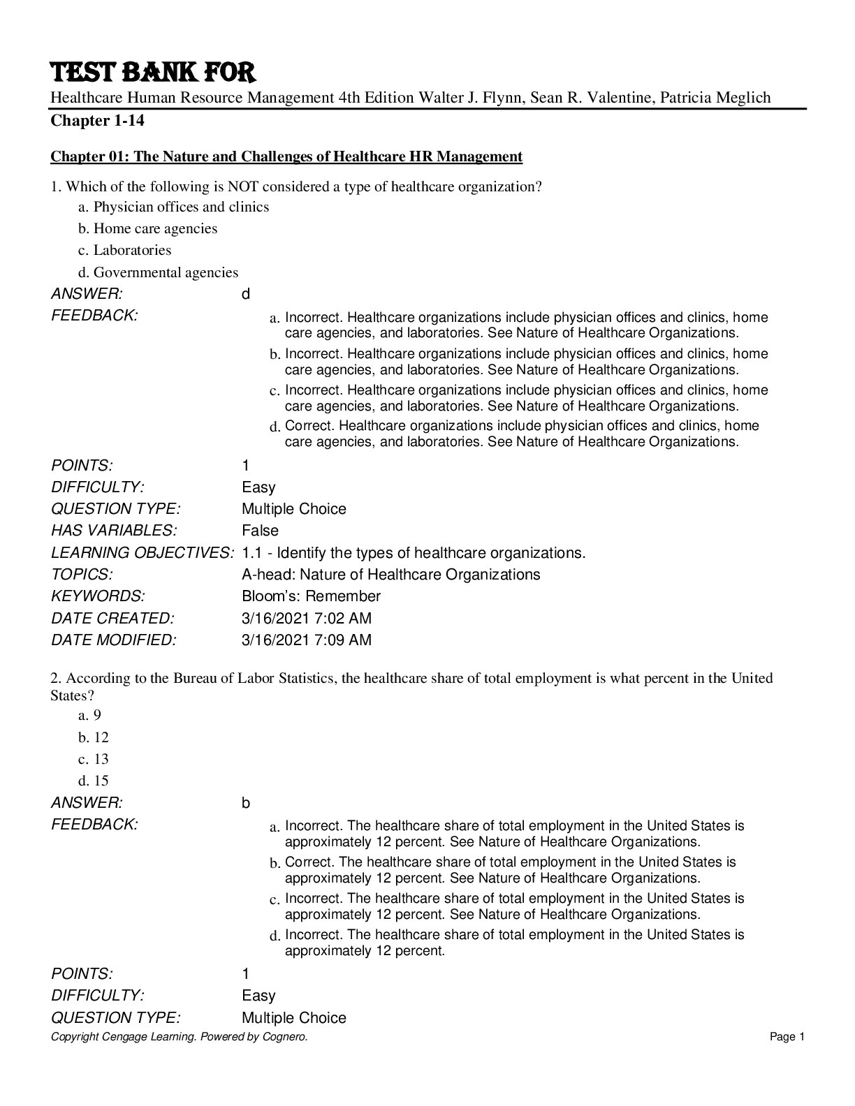 Preview of Test Bank For Healthcare Human Resource Management 4th Edition by Walter J. Flynn, Sean R.