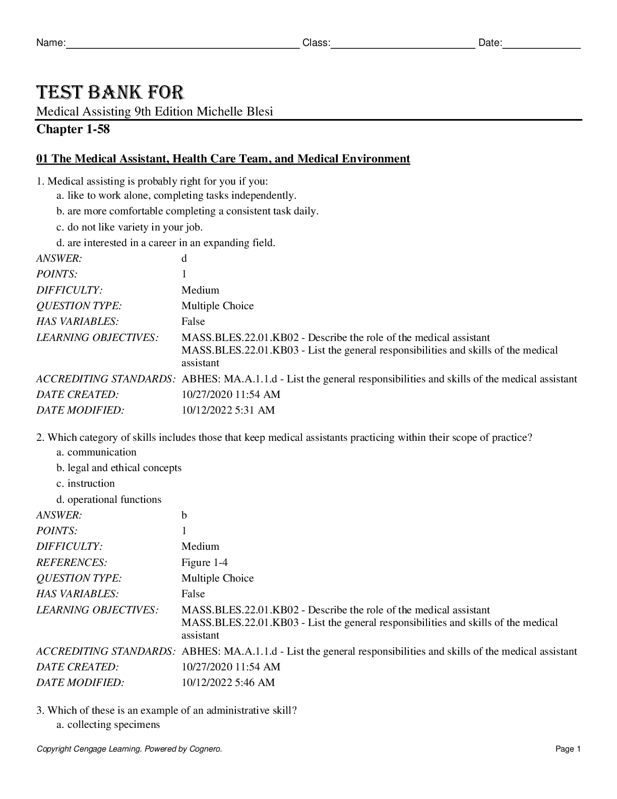 Preview of Test Bank For Medical Assisting 9th Edition by Michelle Blesi Chapter 1-58