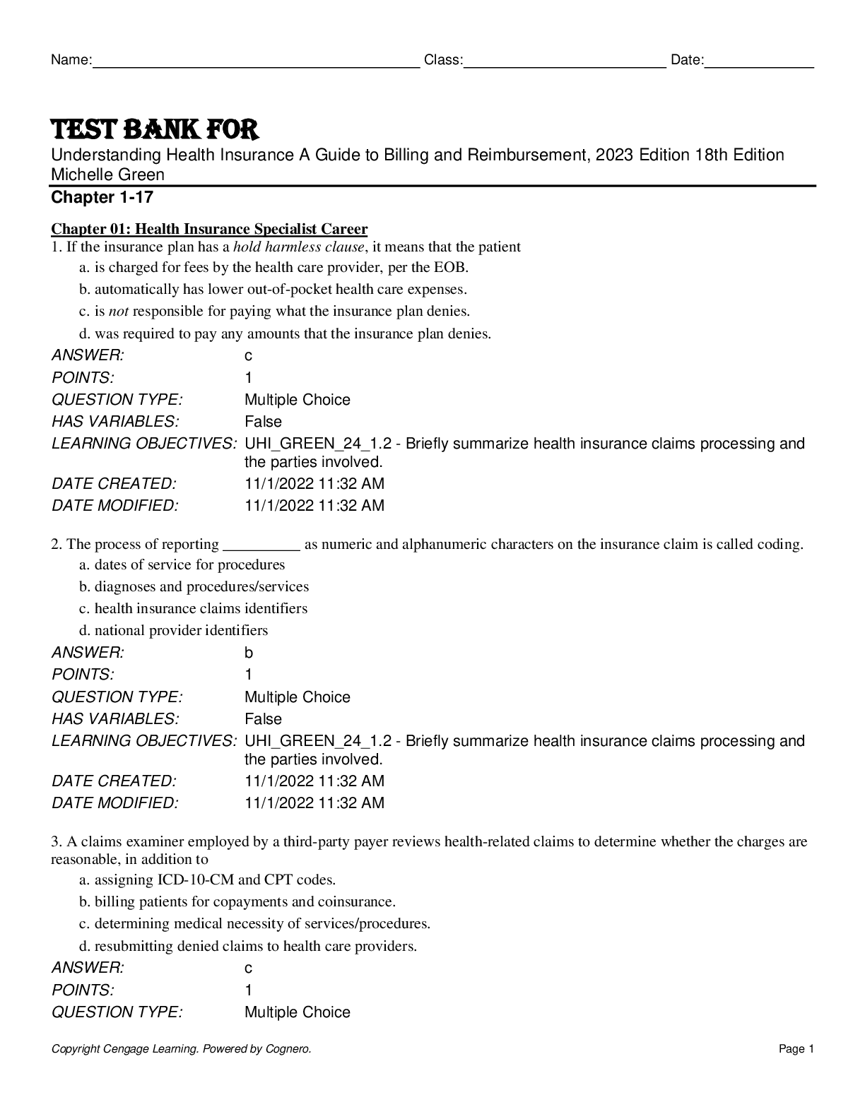 Preview of Test Bank For Understanding Health Insurance A Guide to Billing and Reimbursement, 2023 Ed