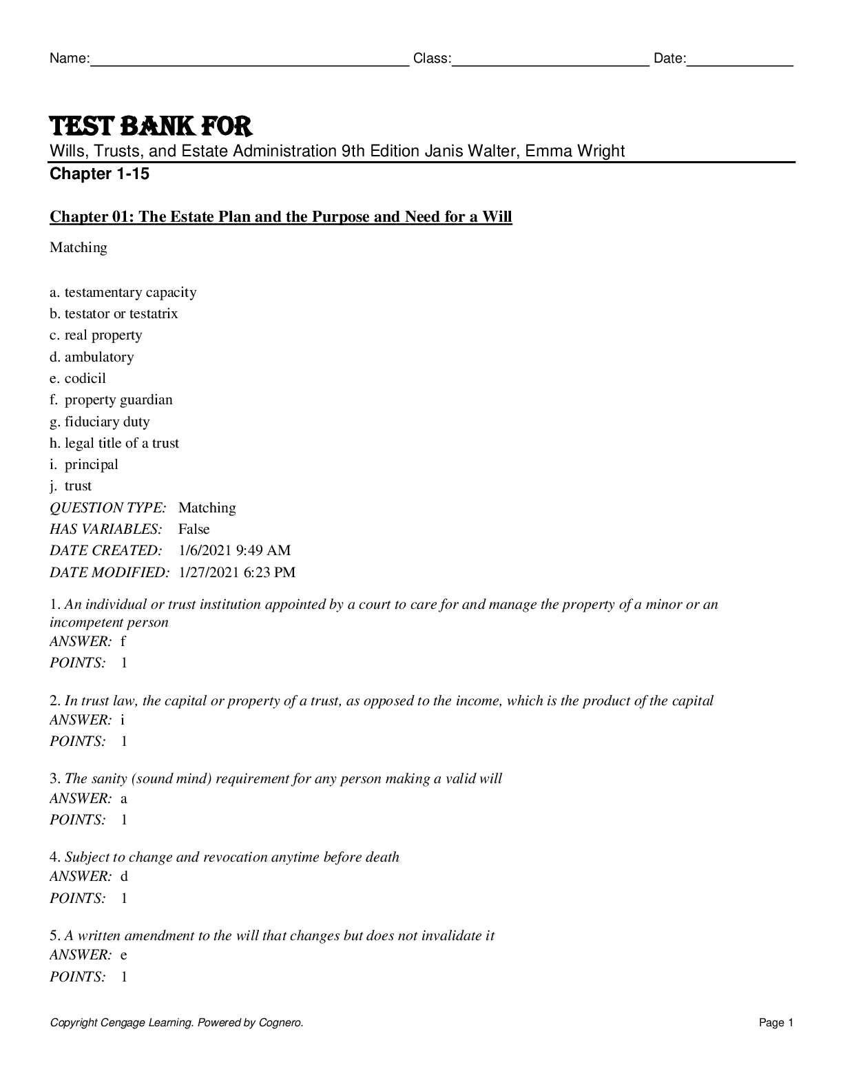 Preview of Test Bank For Wills,Trusts, and Estate Administration 9th Edition by Janis Walter, Emma Wr