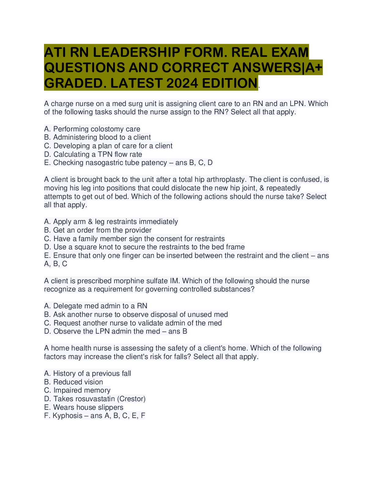 Preview image for ATI RN LEADERSHIP FORM REAL EXAM QUESTIONS AND CORRECT ANSWERS A+ GRADED LATEST 2024 EDITION