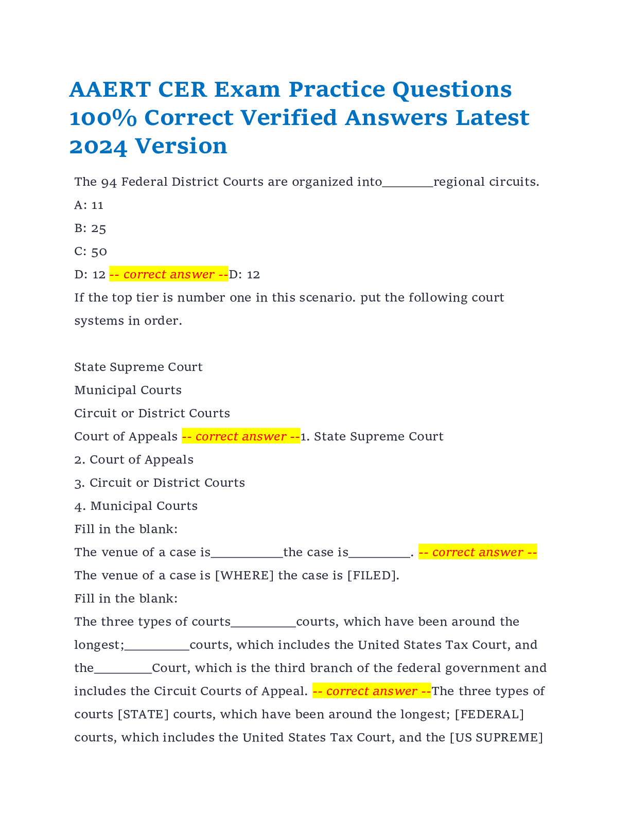Preview of AAERT CER Exam Practice Questions  100% Correct Verified Answers Latest  2024 Version