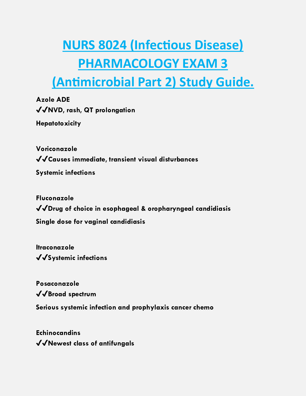 NURS 8024 (Infectious Disease)  PHARMACOLOGY EXAM 3  (Antimicrobial Part 2) Study Guide.