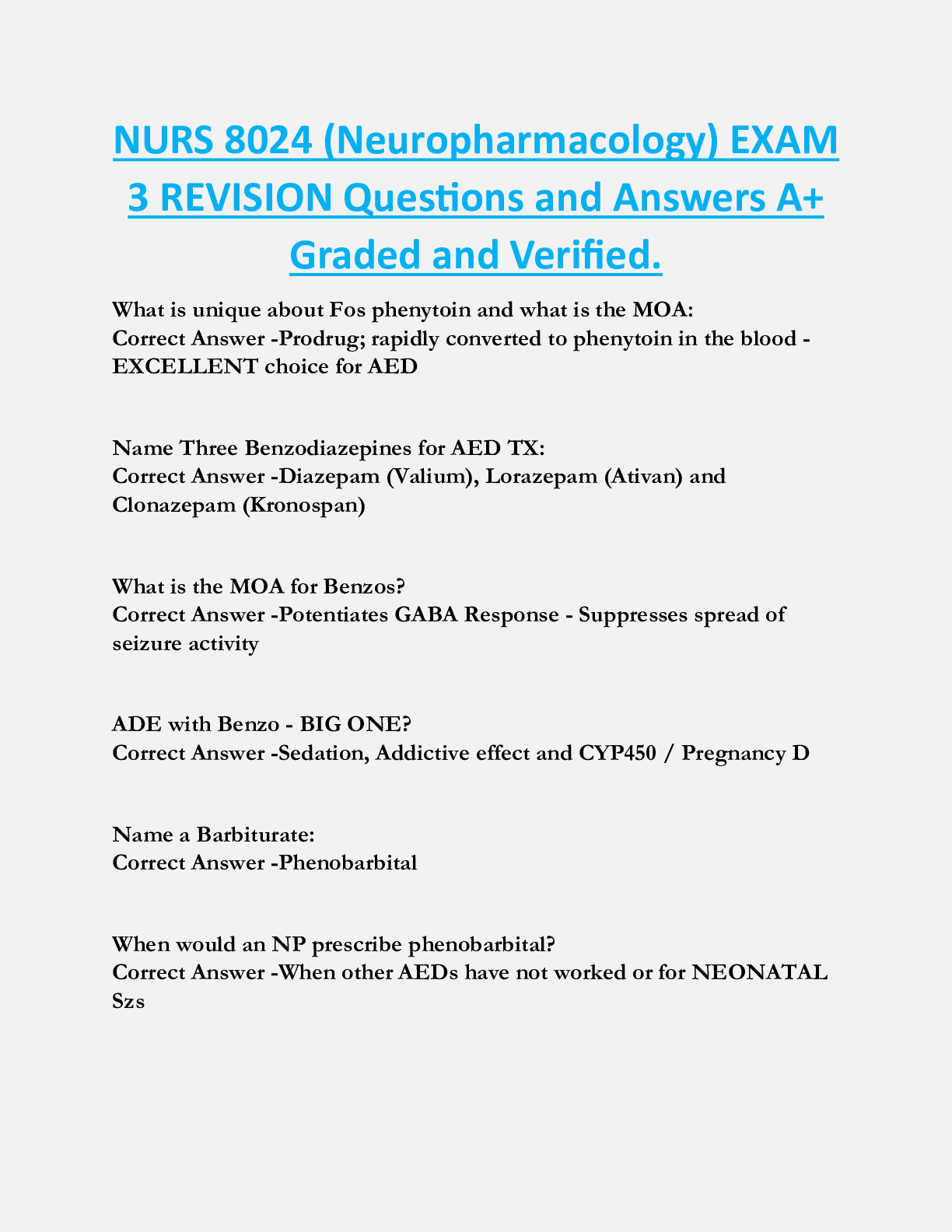 NURS 8024 (Neuropharmacology) EXAM  3 REVISION Questions and Answers A+  Graded and Verified.