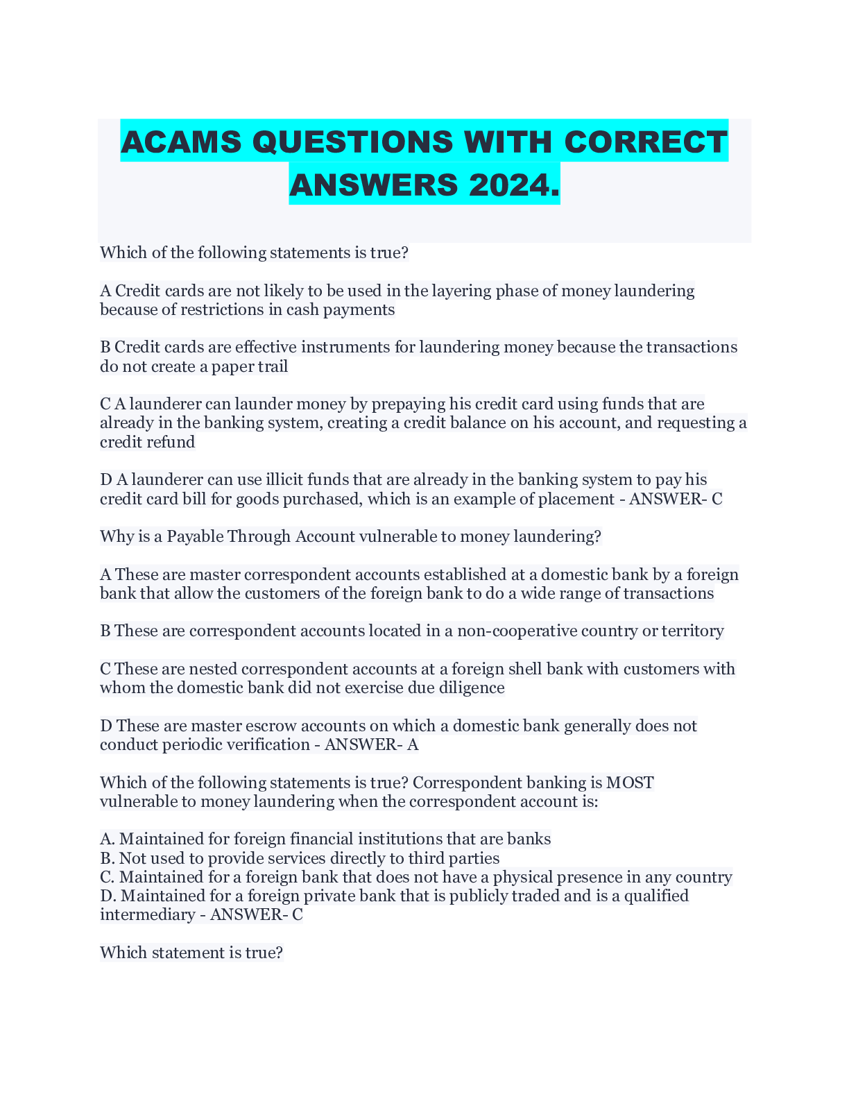 Preview image for ACAMS QUESTIONS WITH CORRECT  ANSWERS 2024