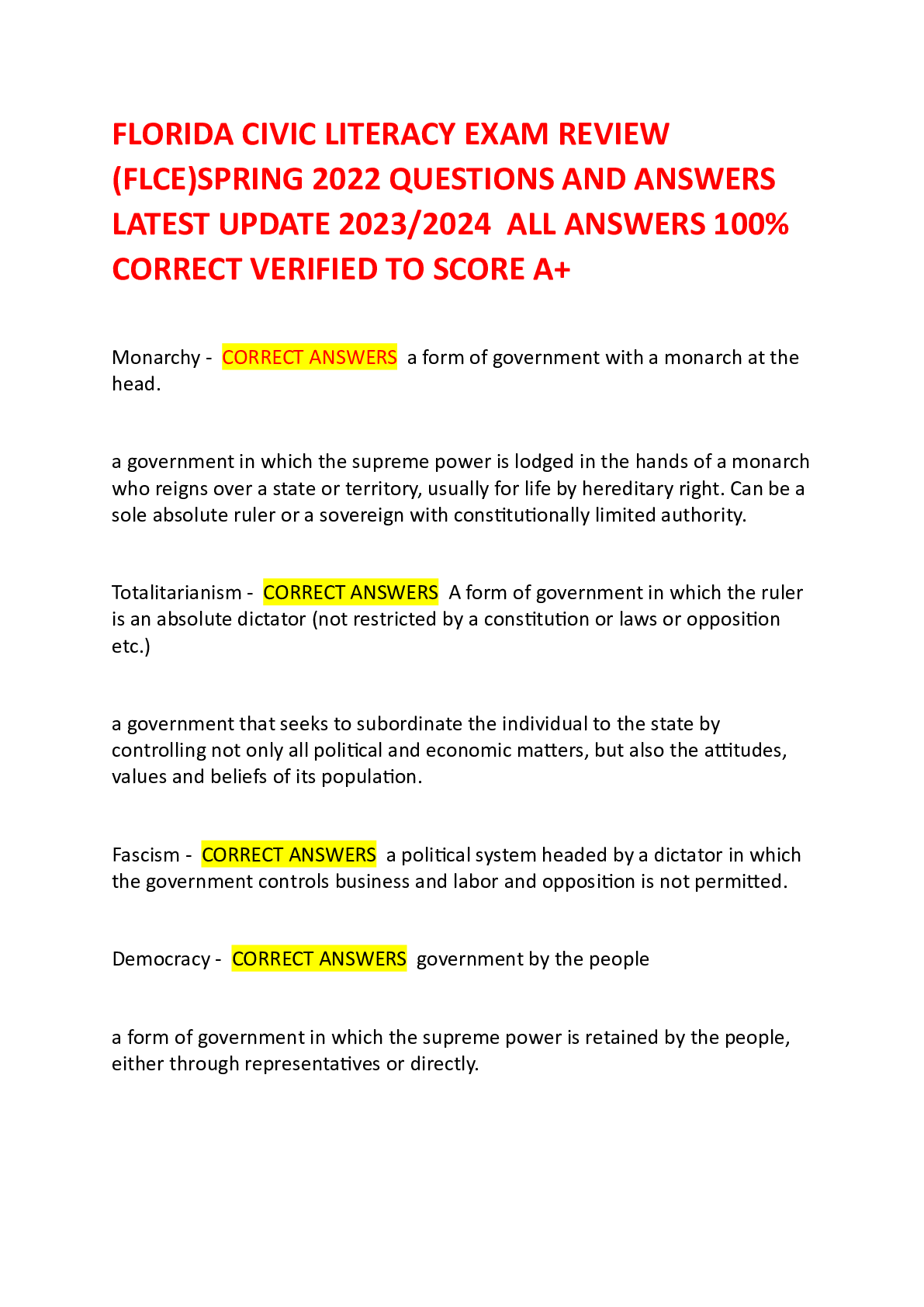 Preview image for FLORIDA CIVIC LITERACY EXAM REVIEW  (FLCE)SPRING 2022 QUESTIONS AND ANSWERS  LATEST UPDATE 2023/2024 ALL ANSWERS 100%  CORRECT VERIFIED TO SCORE A+