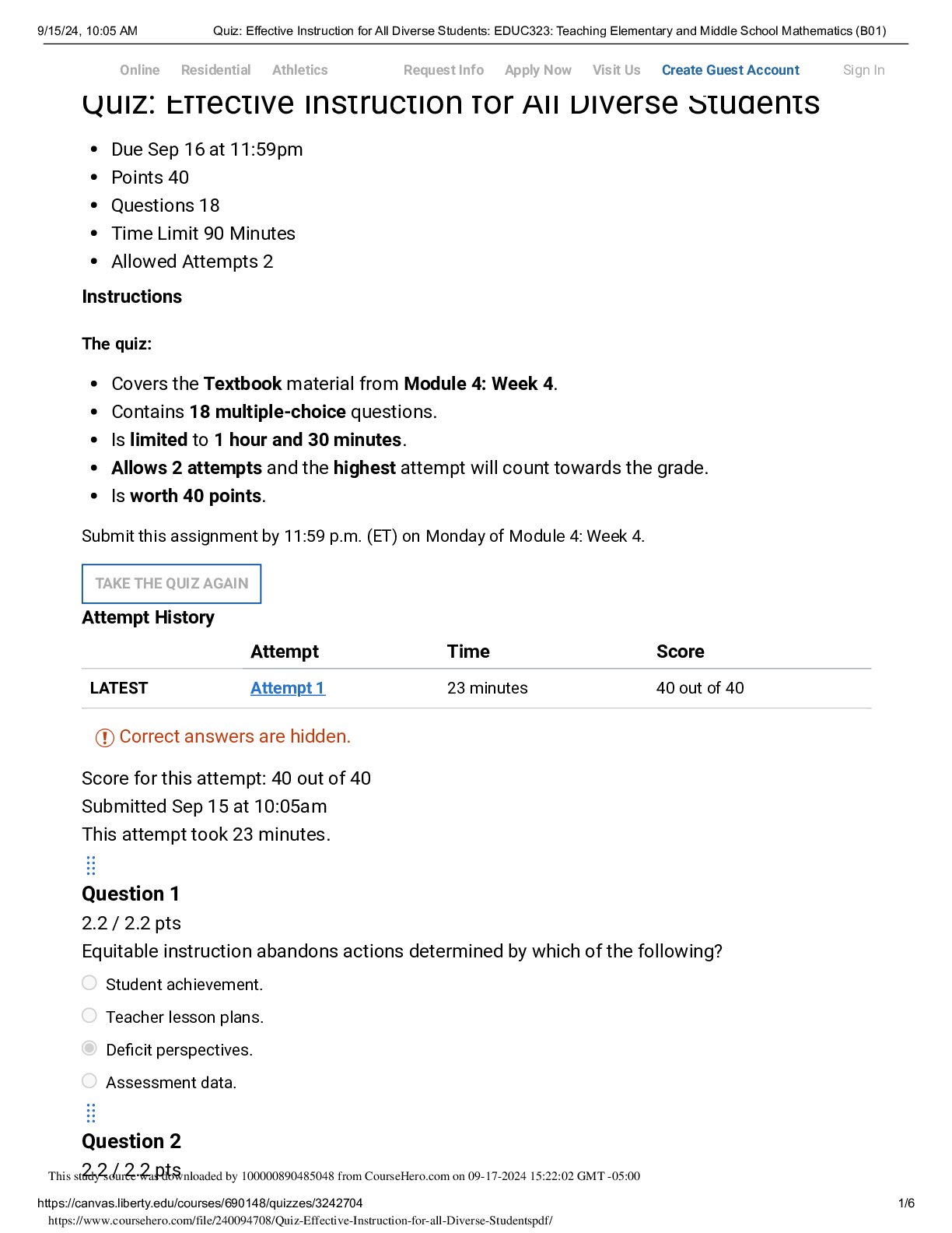 Preview image for Quiz: Effective Instruction for All Diverse Students: EDUC323: Teaching Elementary and Middle School Mathematics (B01)
