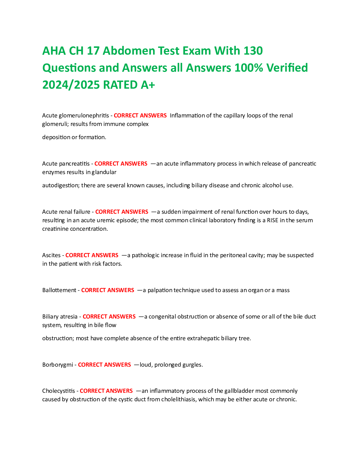 Preview image for AHA CH 17 Abdomen Test Exam With 130 Questions and Answers all Answers 100% Verified 2024/2025 RATED A+