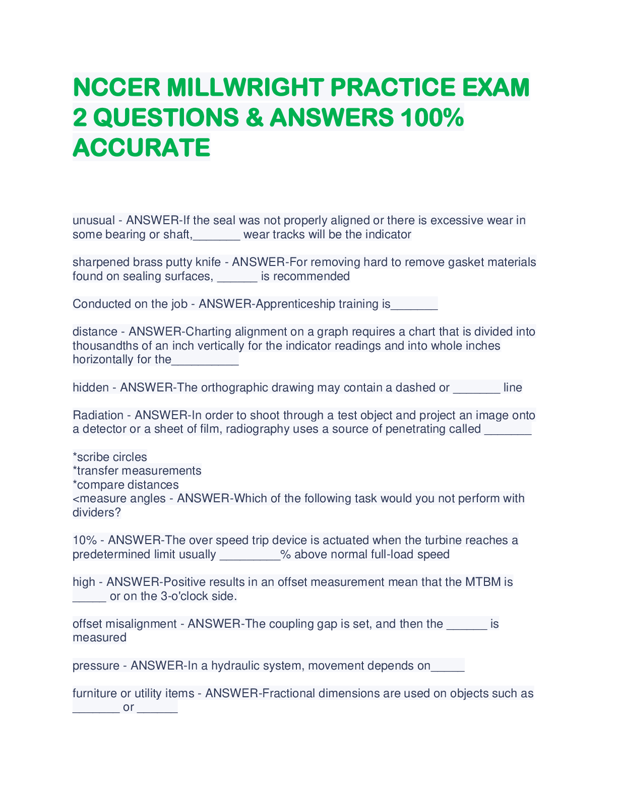 Preview of NCCER MILLWRIGHT PRACTICE EXAM  2 QUESTIONS &amp; ANSWERS 100%  ACCURATE