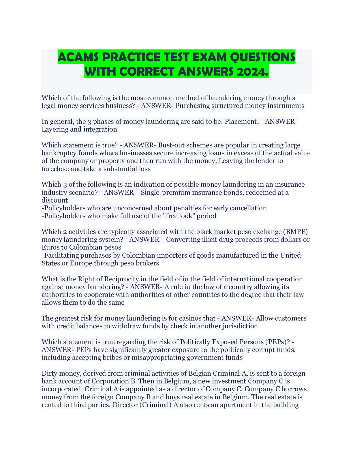 Preview image for ACAMS PRACTICE TEST EXAM QUESTIONS  WITH CORRECT ANSWERS 2024