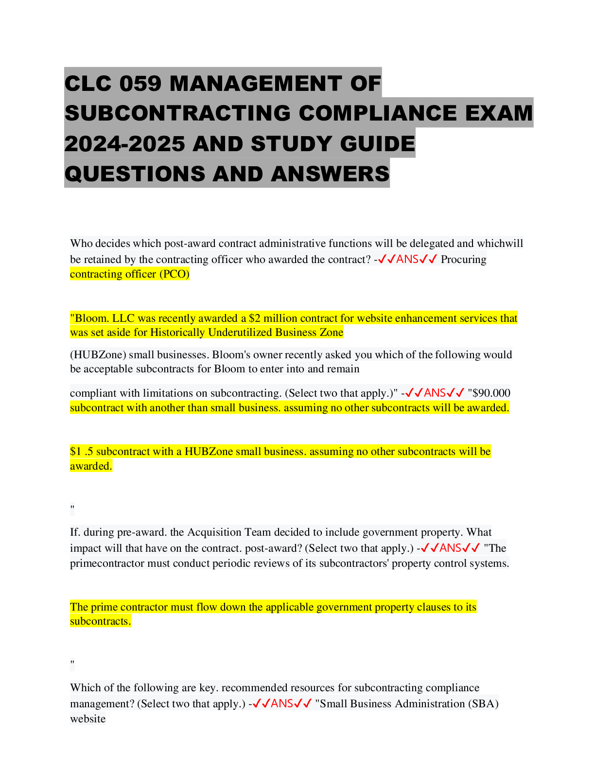 Preview of CLC 059 MANAGEMENT OF SUBCONTRACTING COMPLIANCE EXAM 2024-2025 AND STUDY GUIDE QUESTIONS A