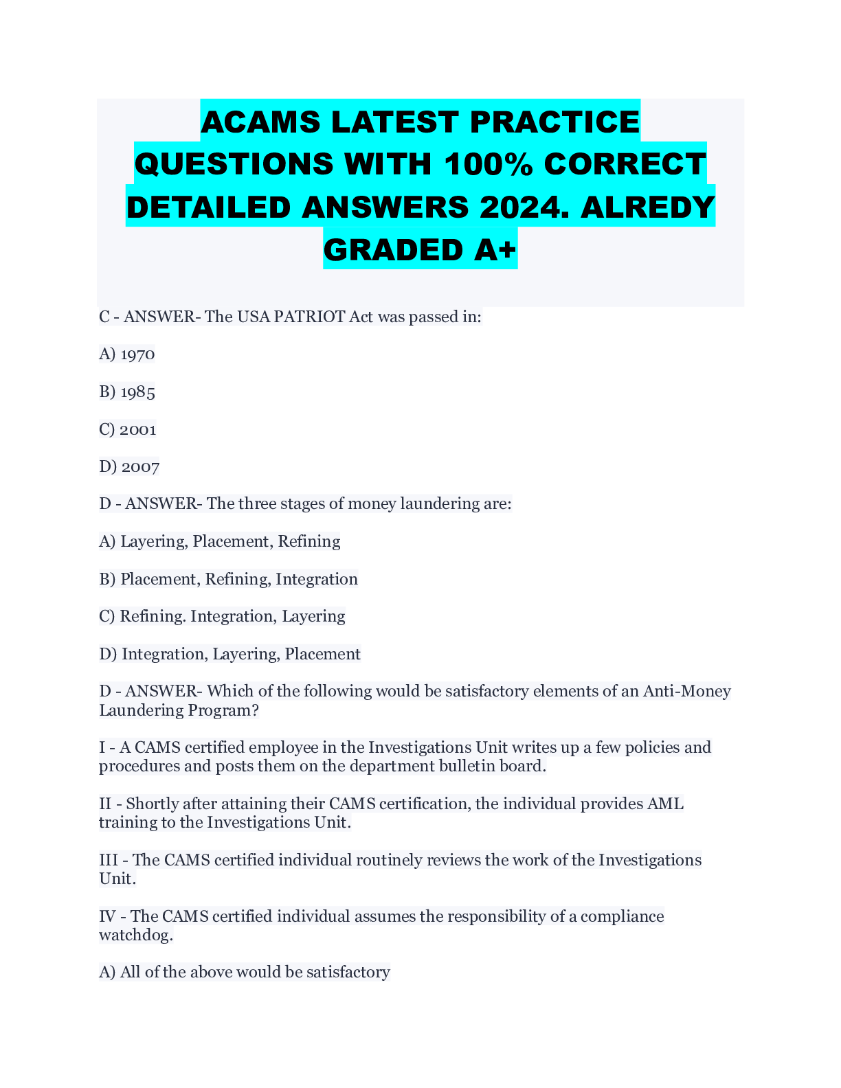 Preview image for ACAMS LATEST PRACTICE  QUESTIONS WITH 100% CORRECT  DETAILED ANSWERS 2024. ALREDY  GRADED A+