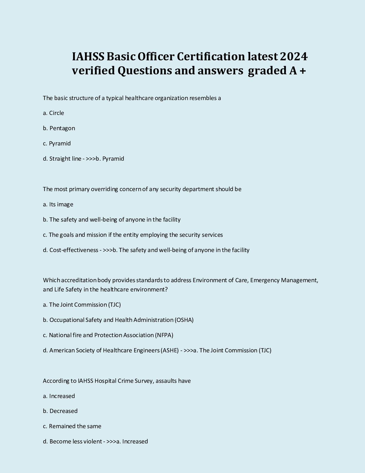 Preview of IAHSS Basic Officer Certification latest 2024 verified Questions and answers graded A +