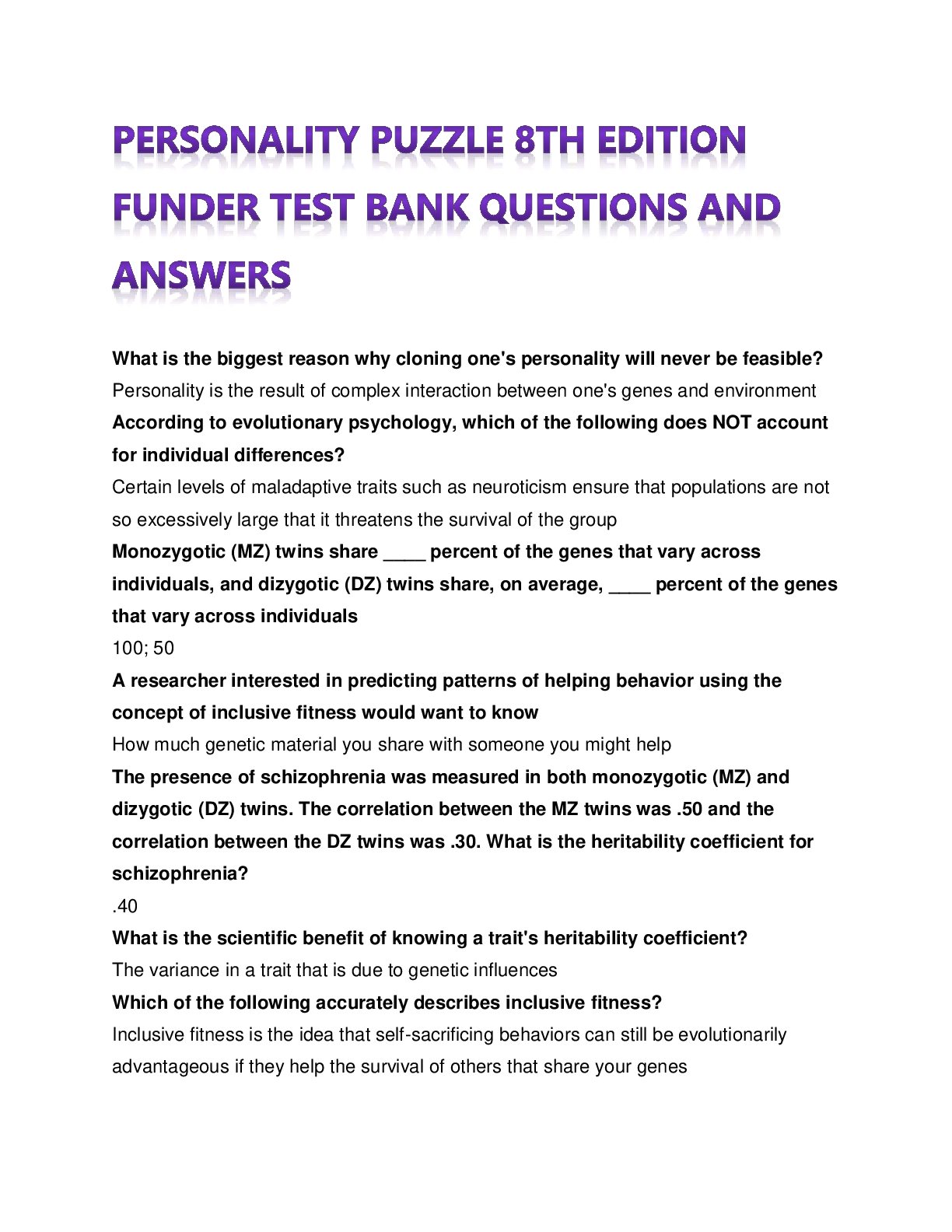 Preview image for PERSONALITY PUZZLE 8TH EDITION FUNDER TEST BANK QUESTIONS AND ANSWERS