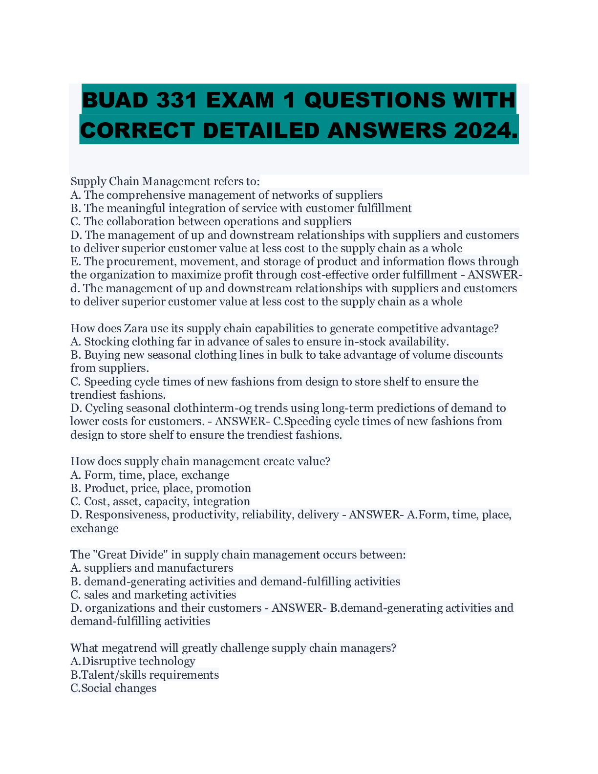 Preview of BUAD 331 EXAM 1 QUESTIONS WITH  CORRECT DETAILED ANSWERS 2024