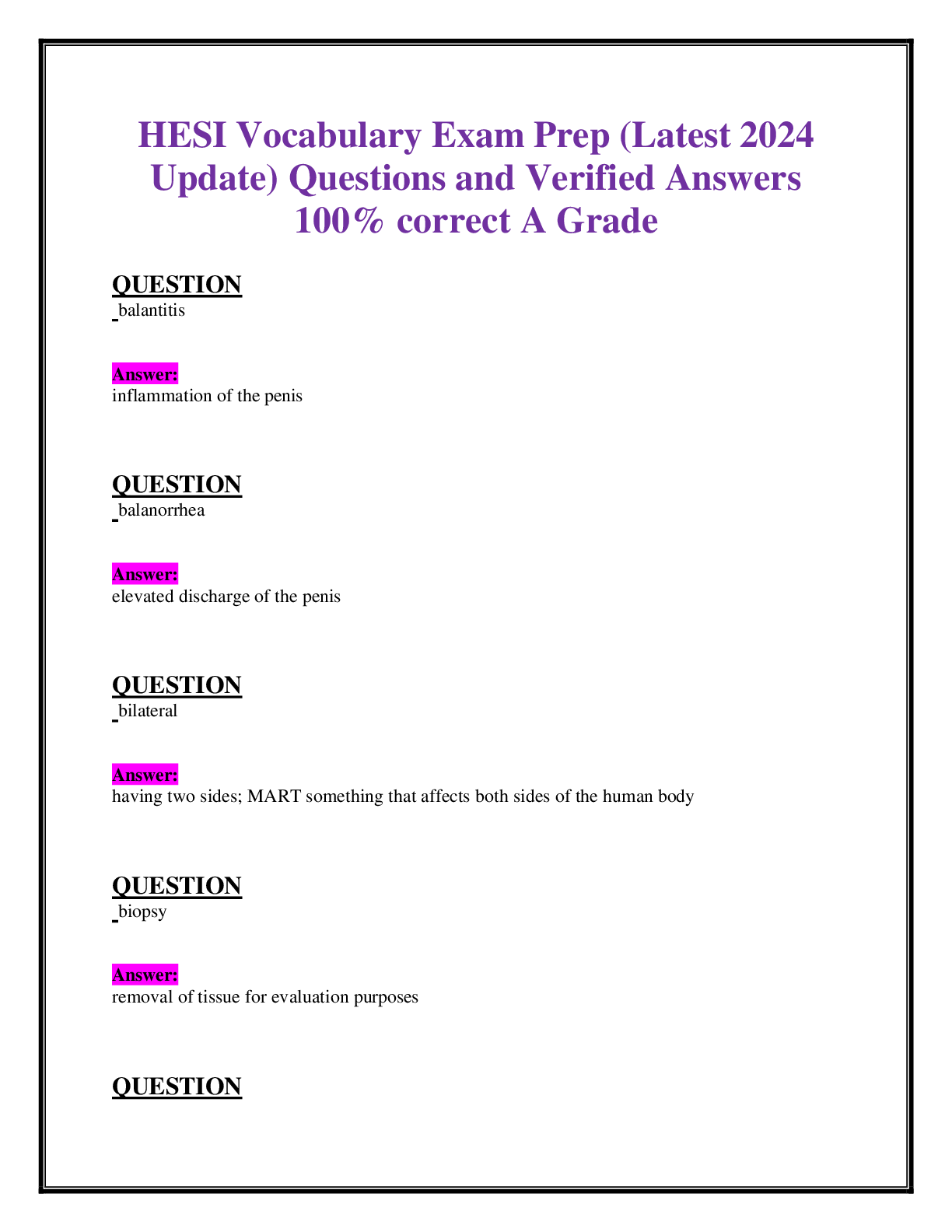 Preview image for HESI Vocabulary Exam Prep (Latest 2024  Update) Questions and Verified Answers 100% correct A Grade