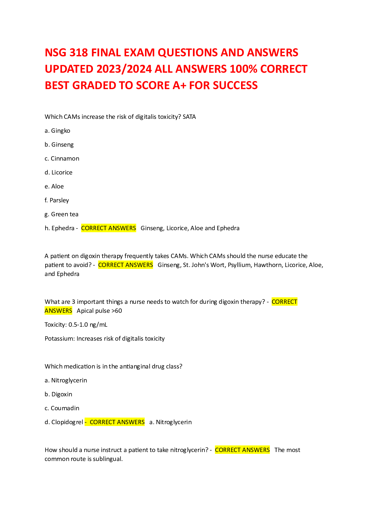 Preview of NSG 318 FINAL EXAM QUESTIONS AND ANSWERS  UPDATED 2023/2024 ALL ANSWERS 100% CORRECT  BEST