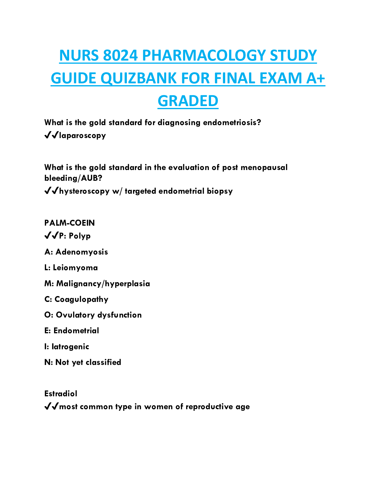 NURS 8024 PHARMACOLOGY STUDY  GUIDE QUIZBANK FOR FINAL EXAM A+  GRADED