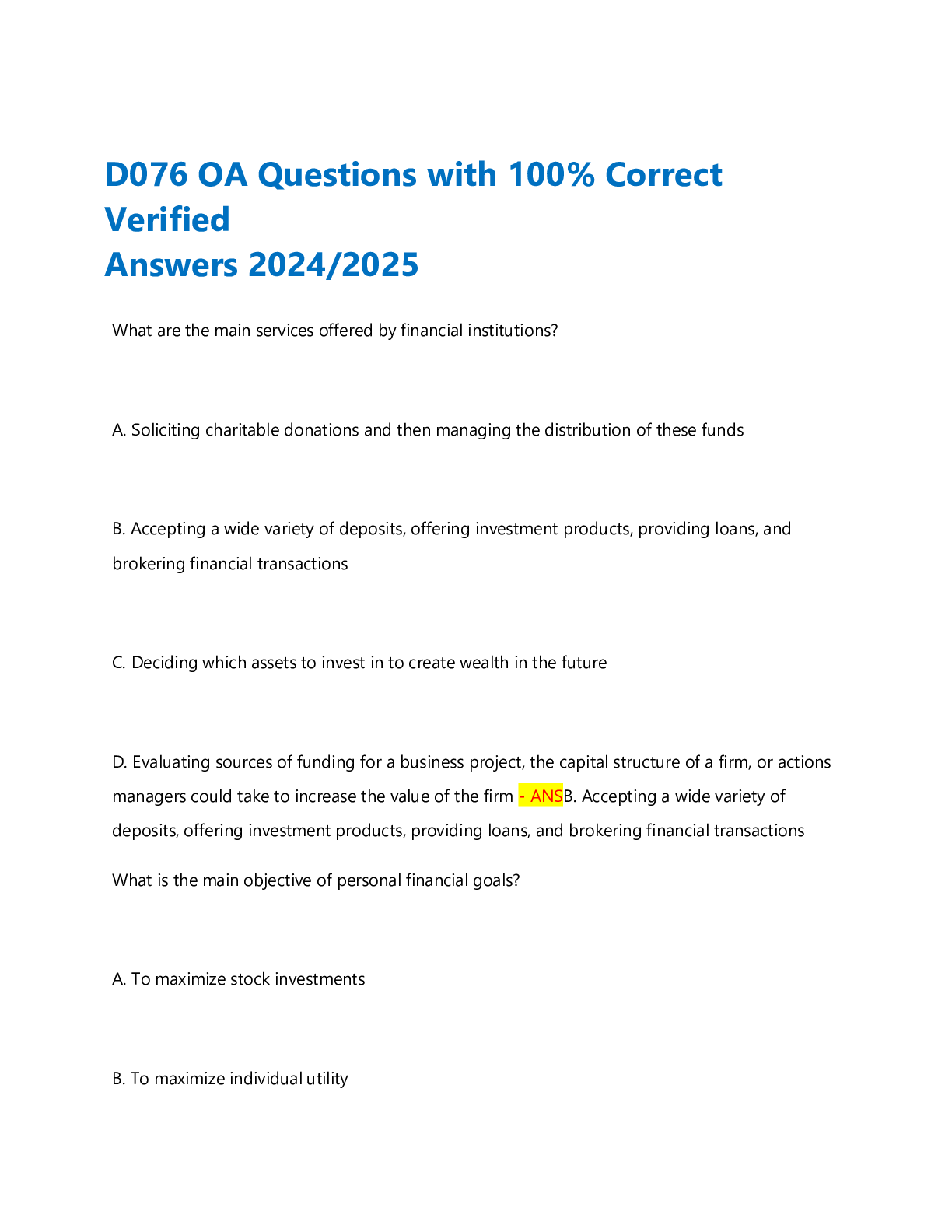 Preview of D076 OA Questions with 100% Correct  Verified Answers 2024/2025