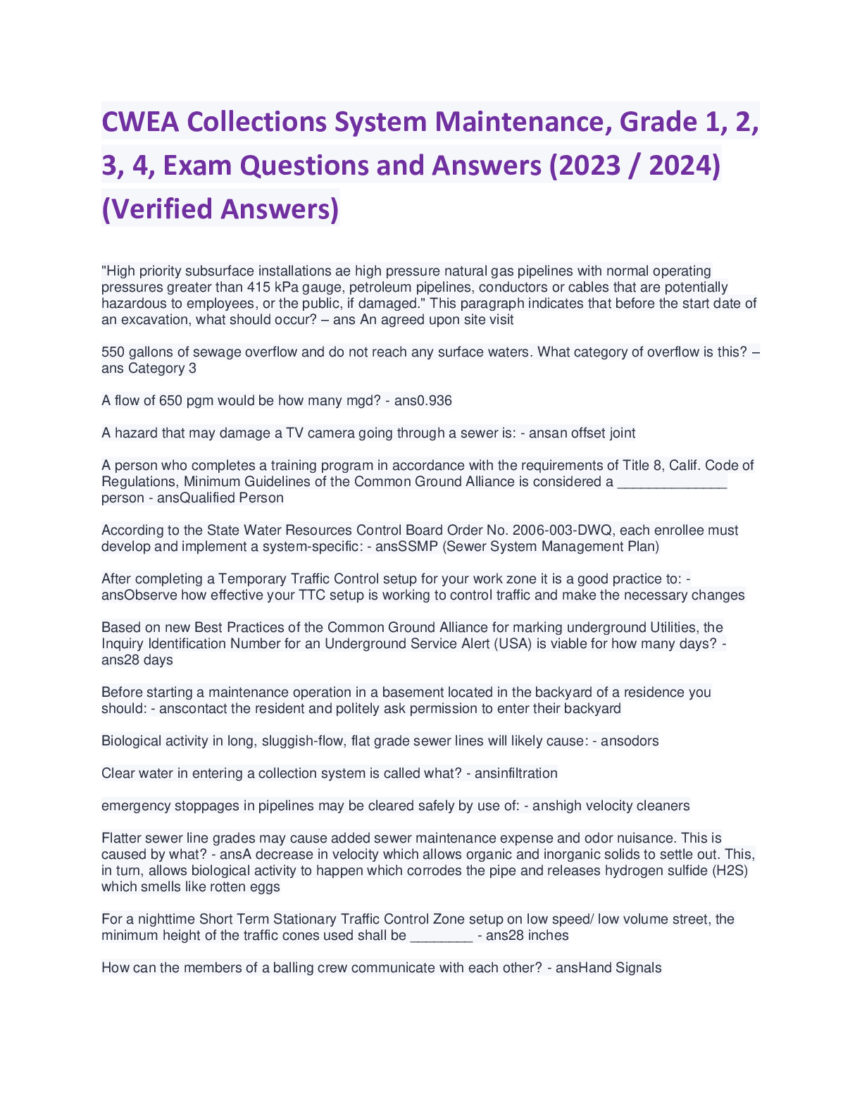 Preview of CWEA Collections System Maintenance, Grade 1, 2,  3, 4, Exam Questions and Answers (2023 /