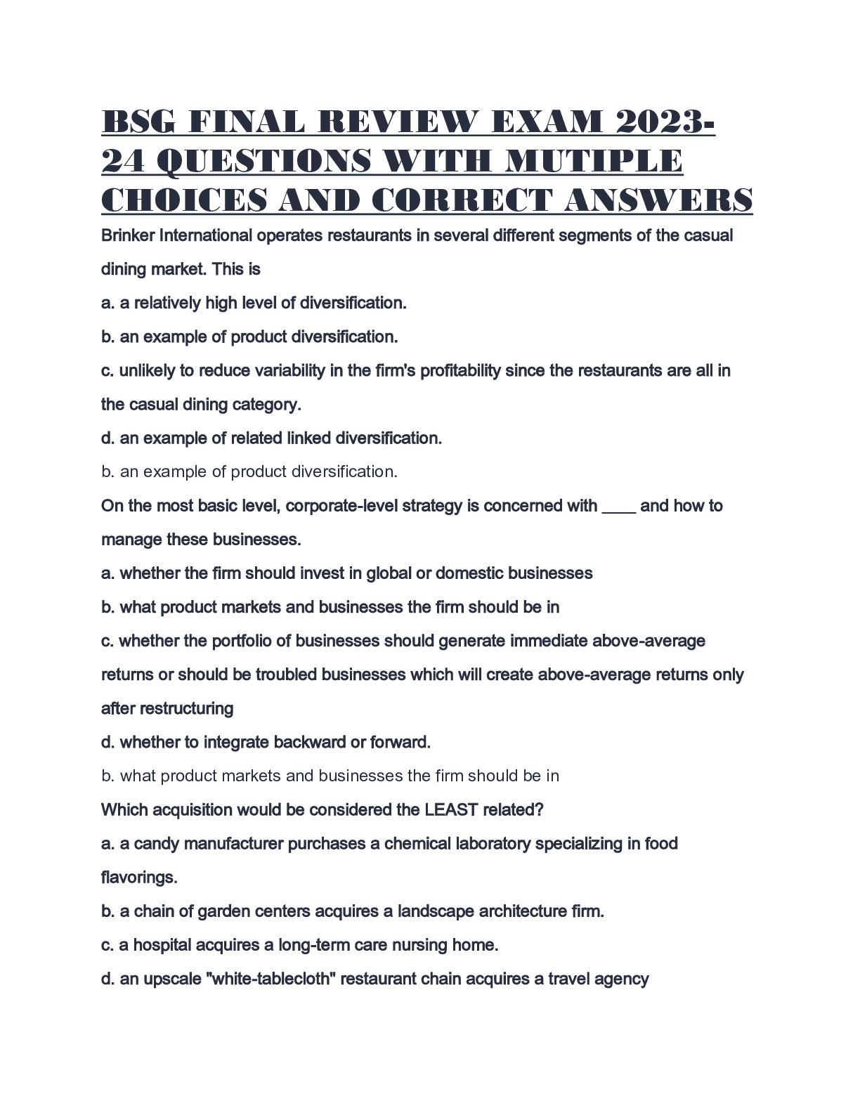 Preview image for BSG FINAL REVIEW EXAM 2023-24 QUESTIONS WITH MUTIPLE CHOICES AND CORRECT ANSWERS