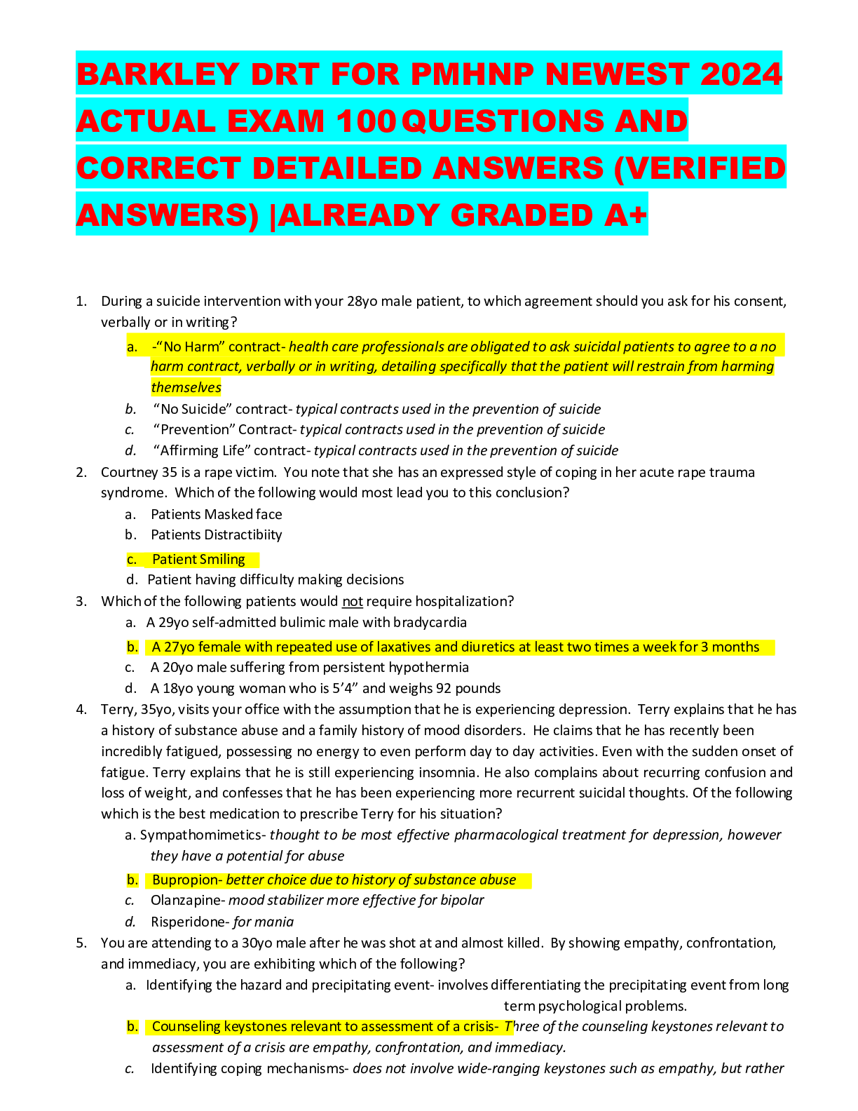Preview image for BARKLEY DRT FOR PMHNP NEWEST 2024 ACTUAL EXAM 100QUESTIONS AND CORRECT DETAILED ANSWERS (VERIFIED ANSWERS) |ALREADY GRADED A+