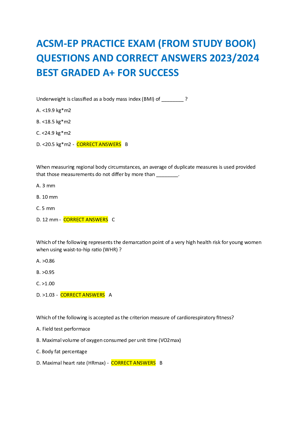 Preview image for ACSM-EP PRACTICE EXAM (FROM STUDY BOOK)  QUESTIONS AND CORRECT ANSWERS 2023/2024  BEST GRADED A+ FOR SUCCESS
