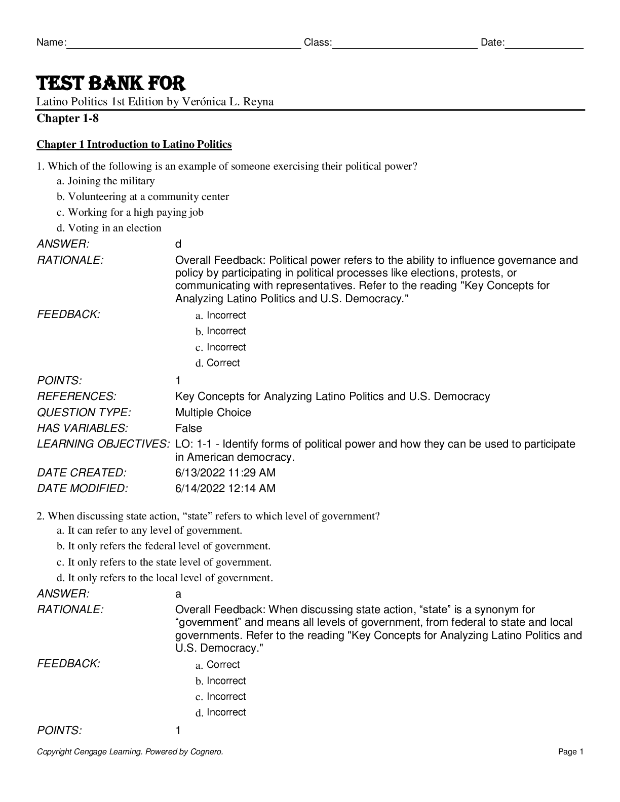 Preview of Test Bank For Latino Politics 1st Edition by Verónica L. Reyna Chapter 1-8