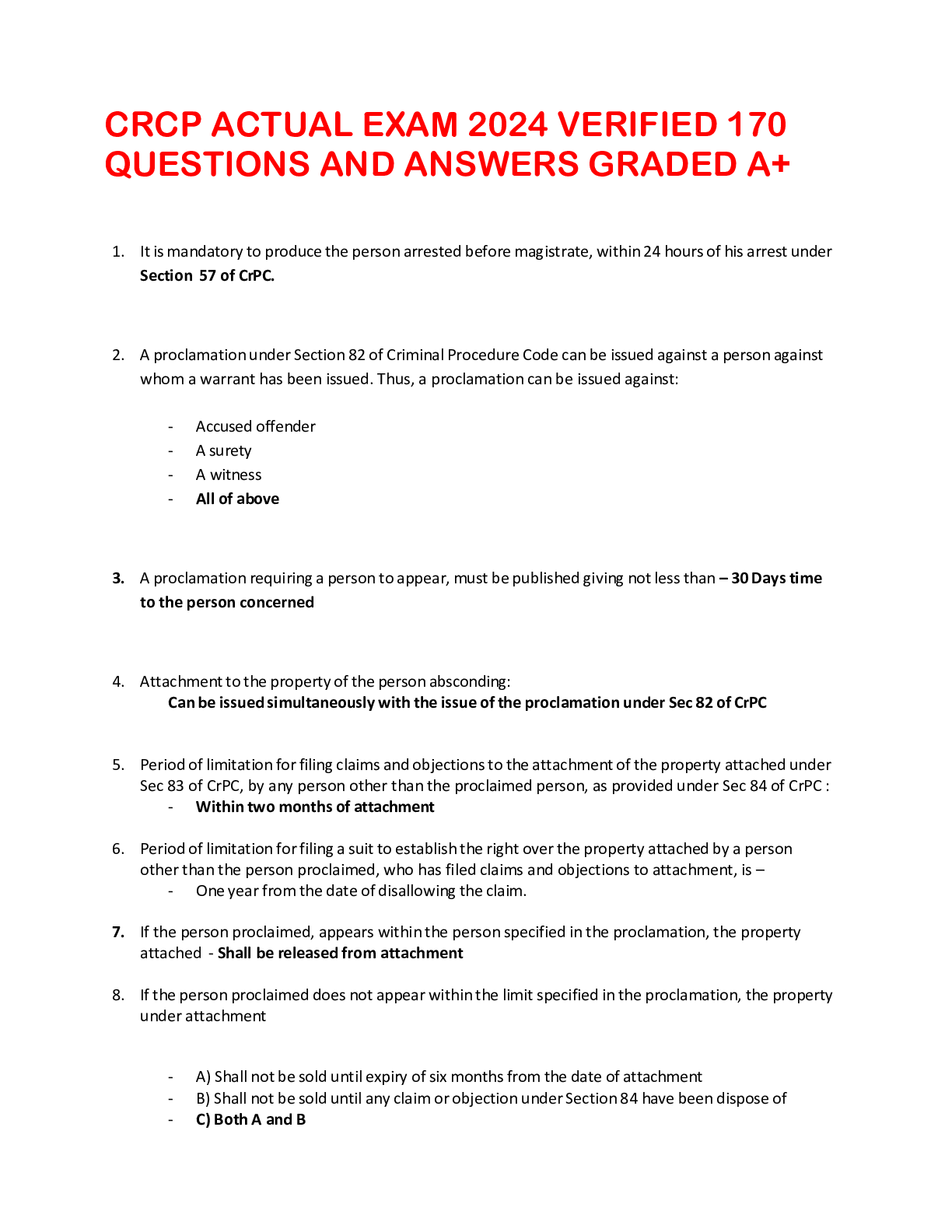 Preview of CRCP ACTUAL EXAM 2024 VERIFIED 170  QUESTIONS AND ANSWERS GRADED A+