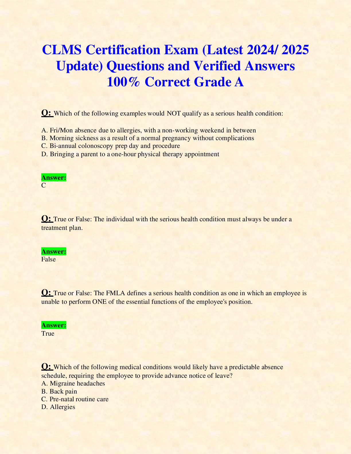 Preview of CLMS Certification Exam (Latest 2024/ 2025 Update) Questions and Verified Answers 100% Correct Grade A
