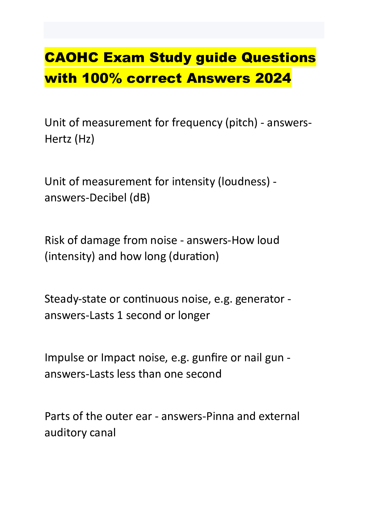 Preview image for CAOHC Exam Study guide Questions  with 100% correct Answers 2024
