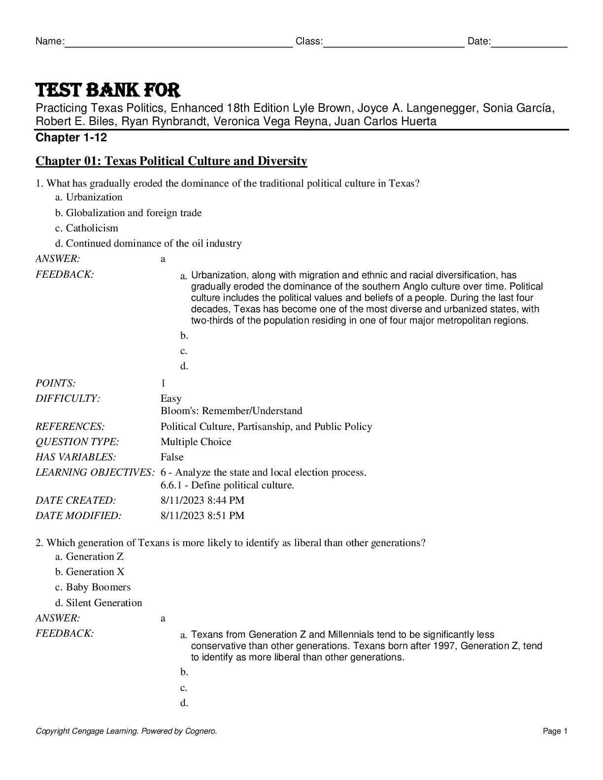 Preview of Test Bank For Practicing Texas Politics, Enhanced 18th Edition by Lyle Brown, Joyce A. Lan