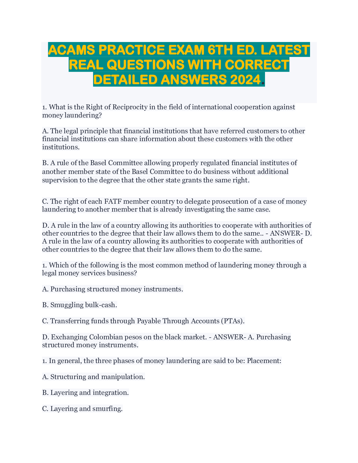 Preview image for ACAMS PRACTICE EXAM 6TH ED. LATEST  REAL QUESTIONS WITH CORRECT  DETAILED ANSWERS 2024