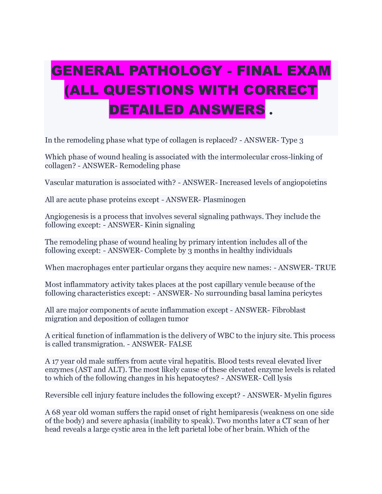 Preview image for GENERAL PATHOLOGY - FINAL EXAM  (ALL QUESTIONS WITH CORRECT  DETAILED ANSWERS