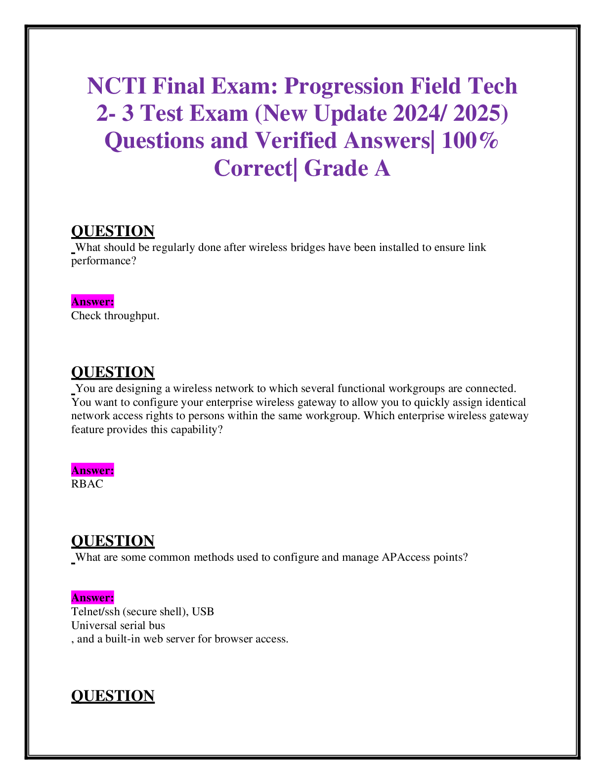 Recommended document preview for NCTI Final Exam: Progression Field Tech 2- 3 Test Exam (New Update 2024/ 2025) Questions and Verified Answers| 100% Correct| Grade A