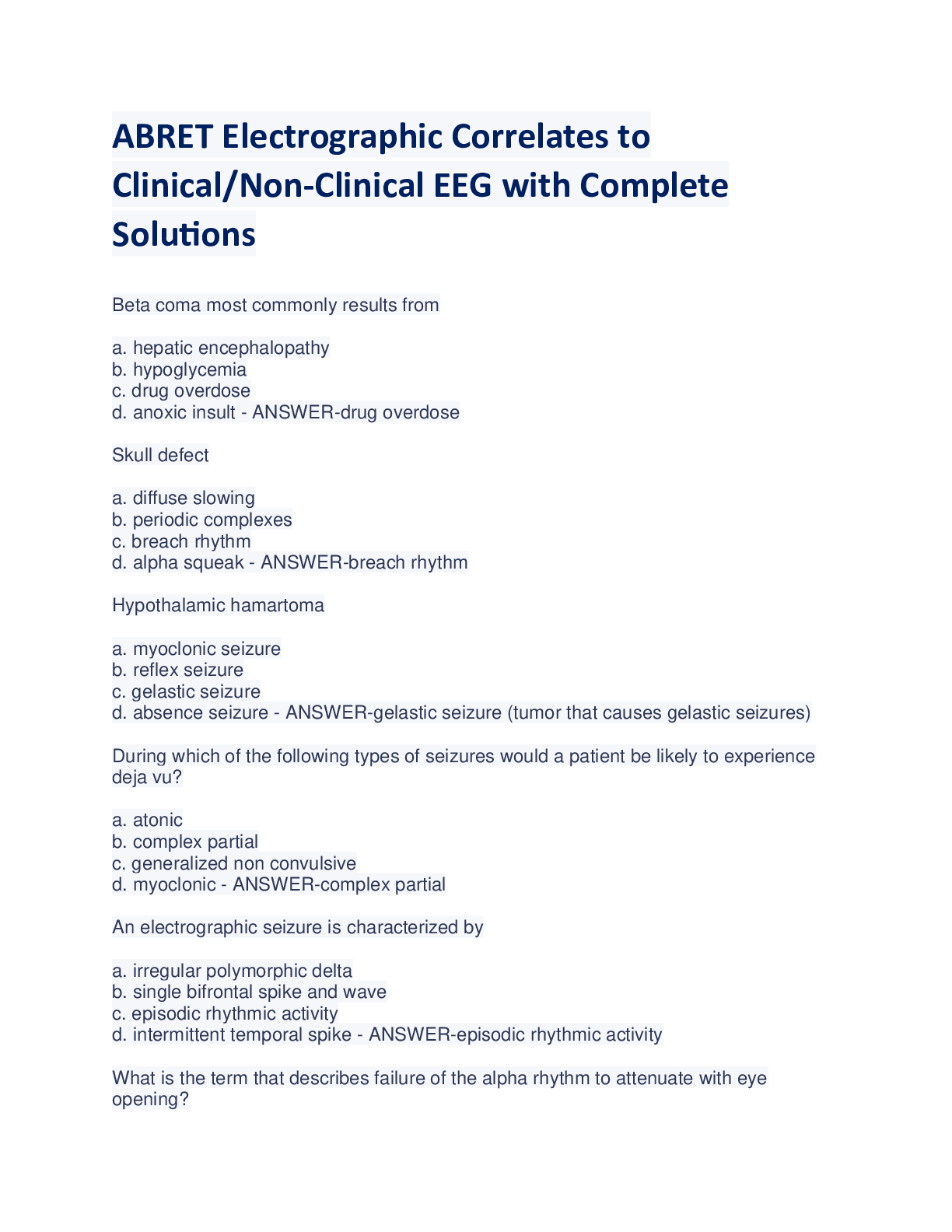 Preview of ABRET Electrographic Correlates to  Clinical/Non-Clinical EEG with Complete  Solutions