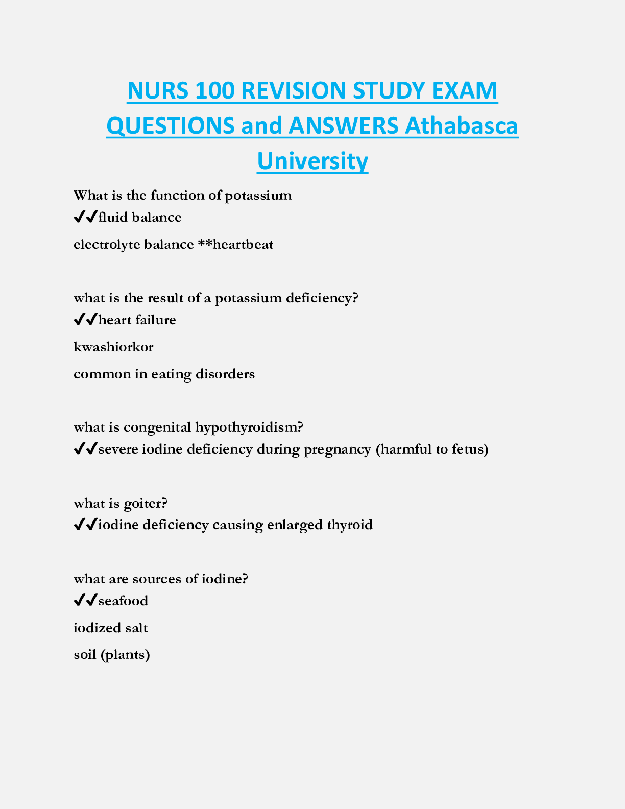 NURS 100 REVISION STUDY EXAM  QUESTIONS and ANSWERS Athabasca  University