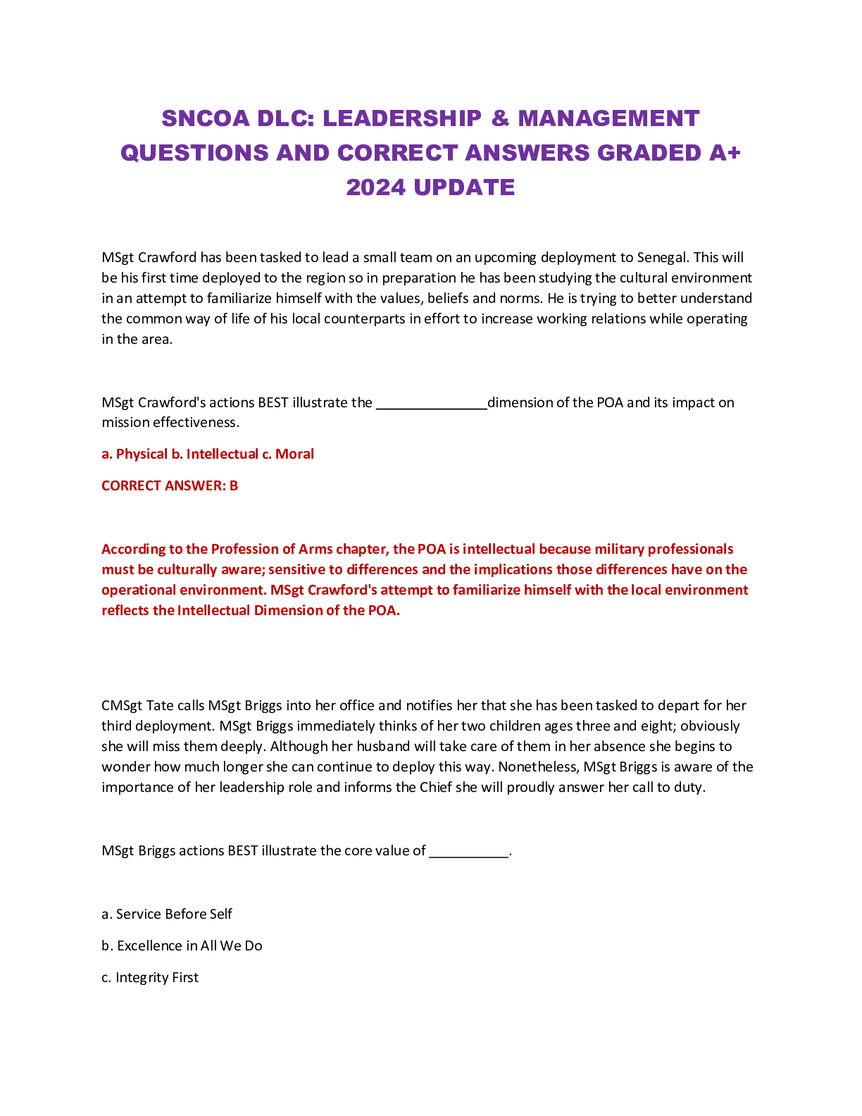 Preview image for SNCOA DLC: LEADERSHIP & MANAGEMENT QUESTIONS AND CORRECT ANSWERS GRADED A+ 2024 UPDATE