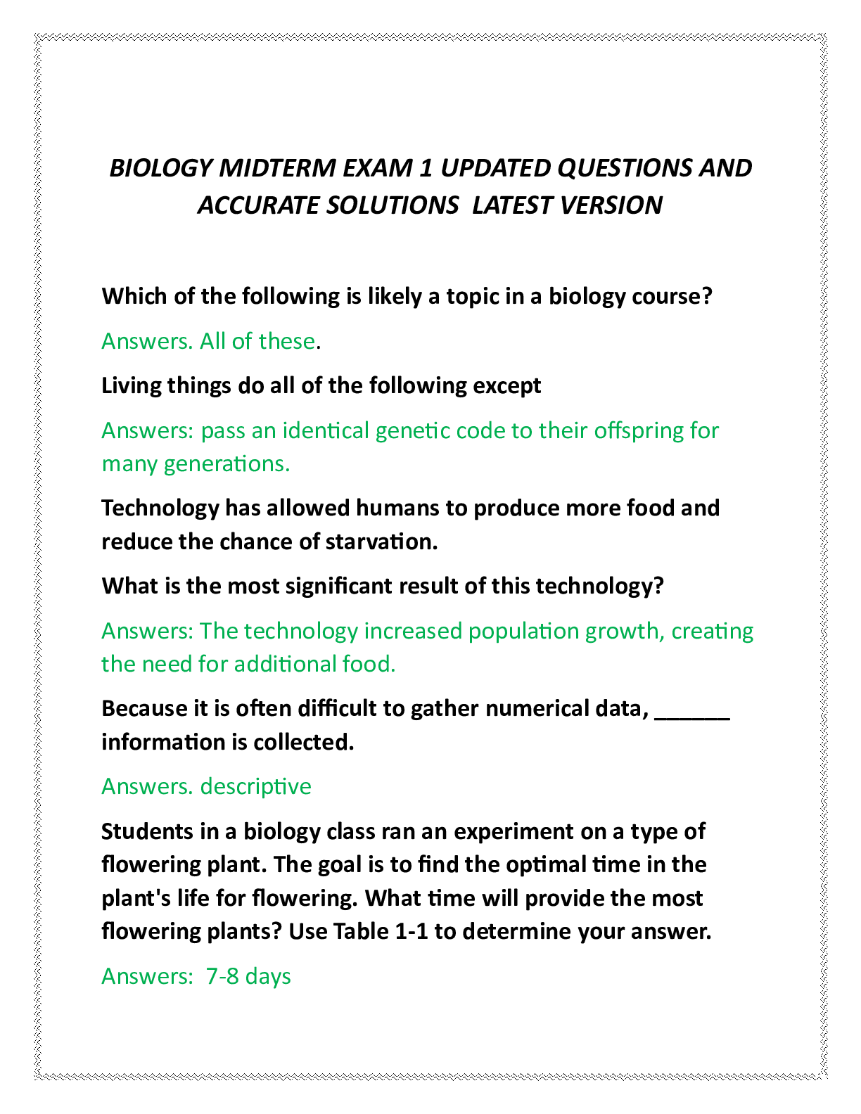 Preview image for BIOLOGY MIDTERM EXAM 1 UPDATED QUESTIONS AND  ACCURATE SOLUTIONS LATEST VERSION