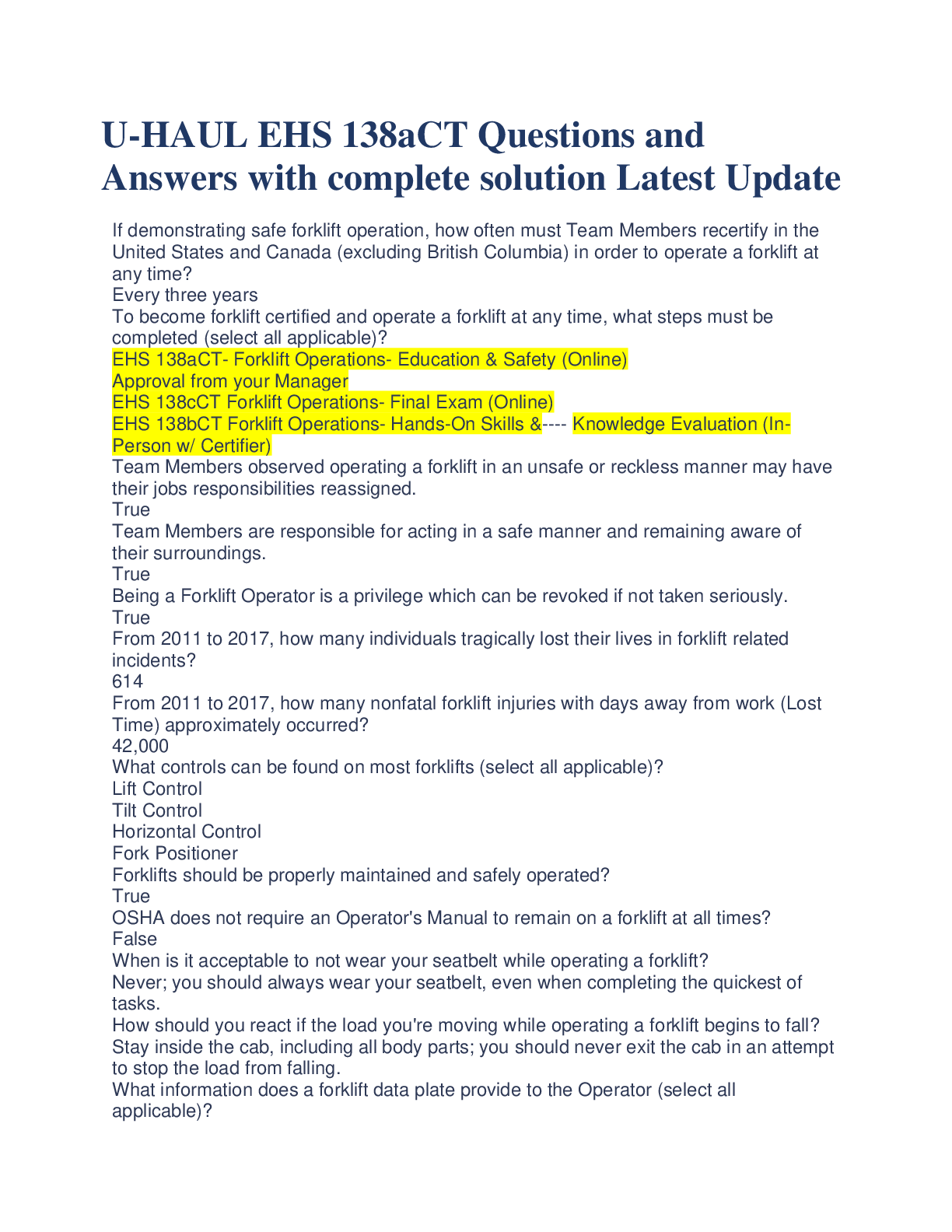 Preview image for U-HAUL EHS 138aCT Questions and  Answers with complete solution Latest Update