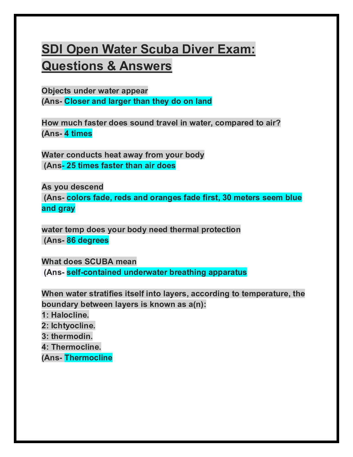 Preview image for Updated Solution:SDI Open Water Scuba Diver Exam: Questions & Answers: Guaranteed APlus Score Solution