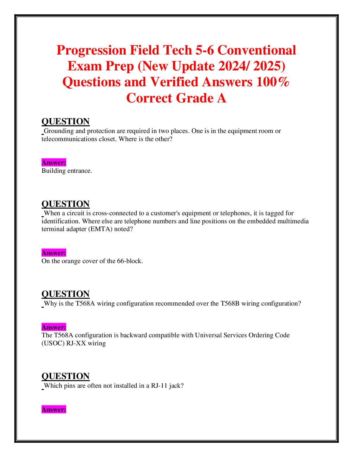 Recommended document preview for Progression Field Tech 5-6 Conventional  Exam Prep (New Update 2024/ 2025)  Questions and Verified Answers 100%  Correct Grade A